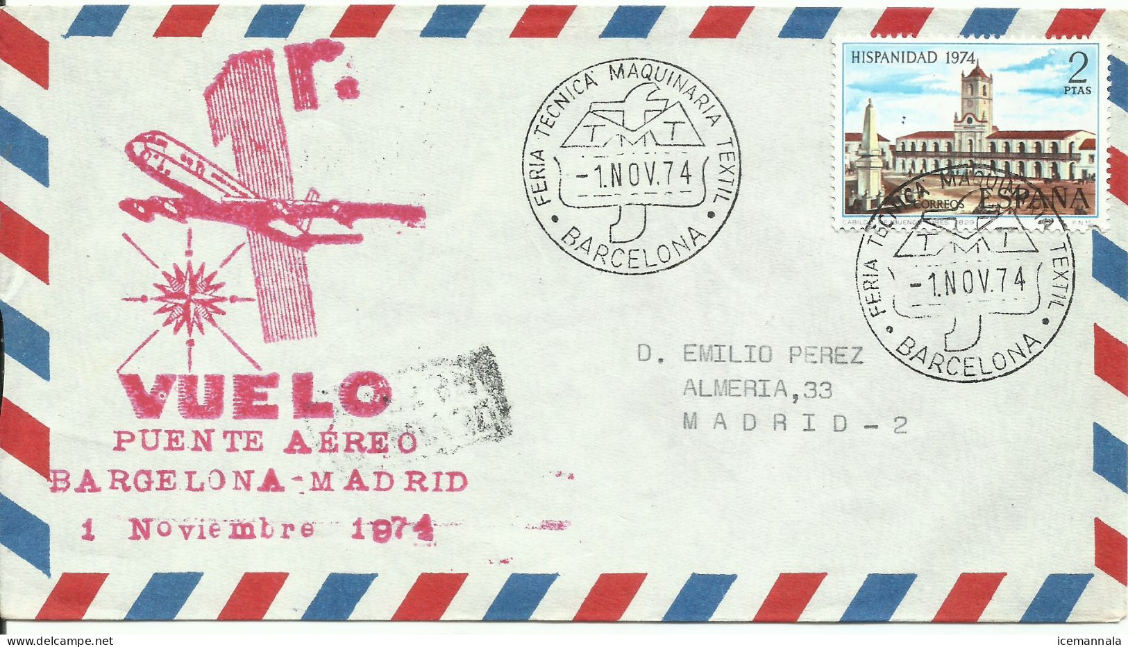 ESPAÑA, SOBRE AEREO  CONMEMORATIVO  AÑO  1974 - Storia Postale