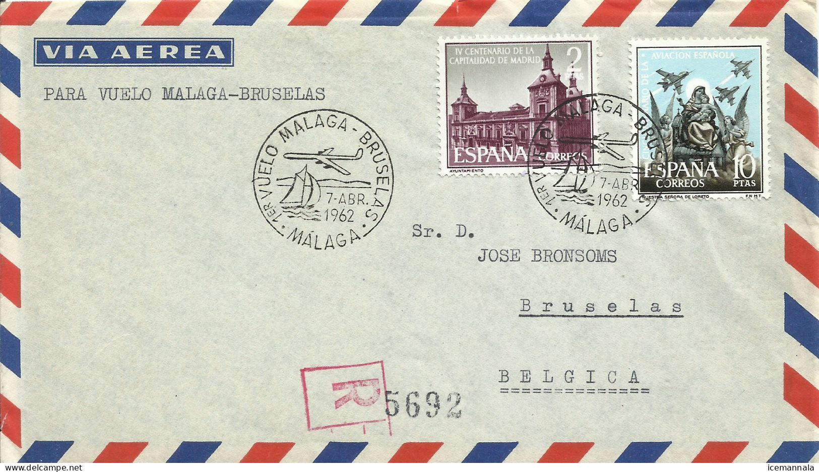 ESPAÑA, SOBRE AEREO  CONMEMORATIVO  AÑO  1962 - Cartas & Documentos