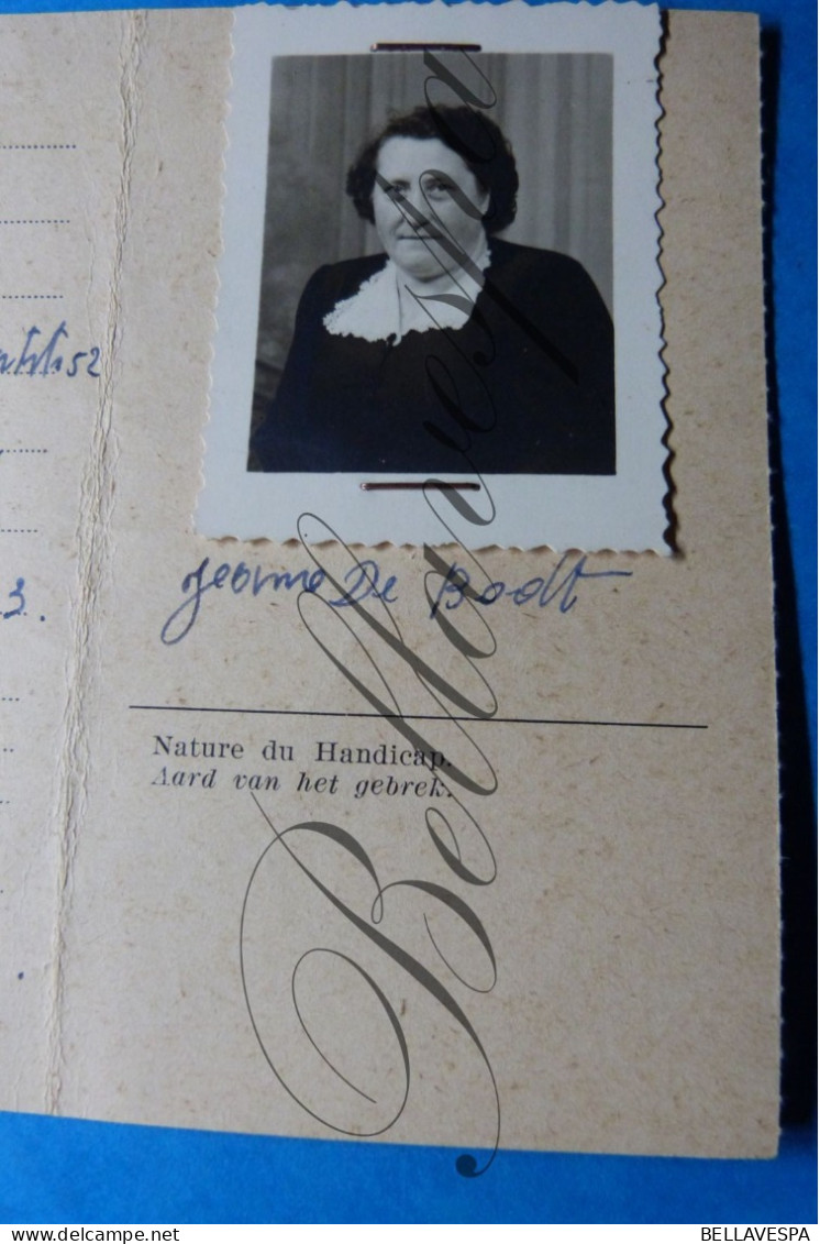 N.F.V.A.V. Invalide Lidkaart 1961   ""DE BODT Jeanne"" 14/02/1903 Geraardsbergen N° 0075 - Documents Historiques