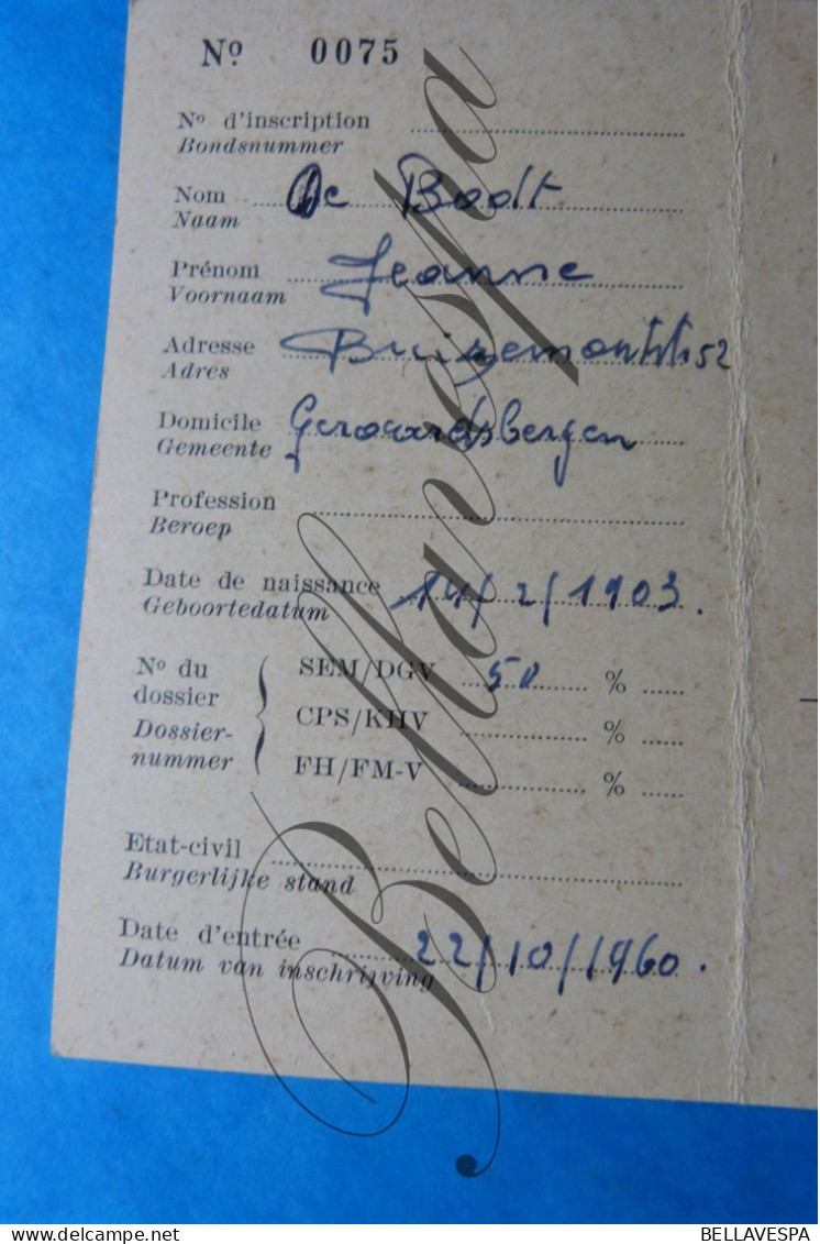 N.F.V.A.V. Invalide Lidkaart 1961   ""DE BODT Jeanne"" 14/02/1903 Geraardsbergen N° 0075 - Documents Historiques