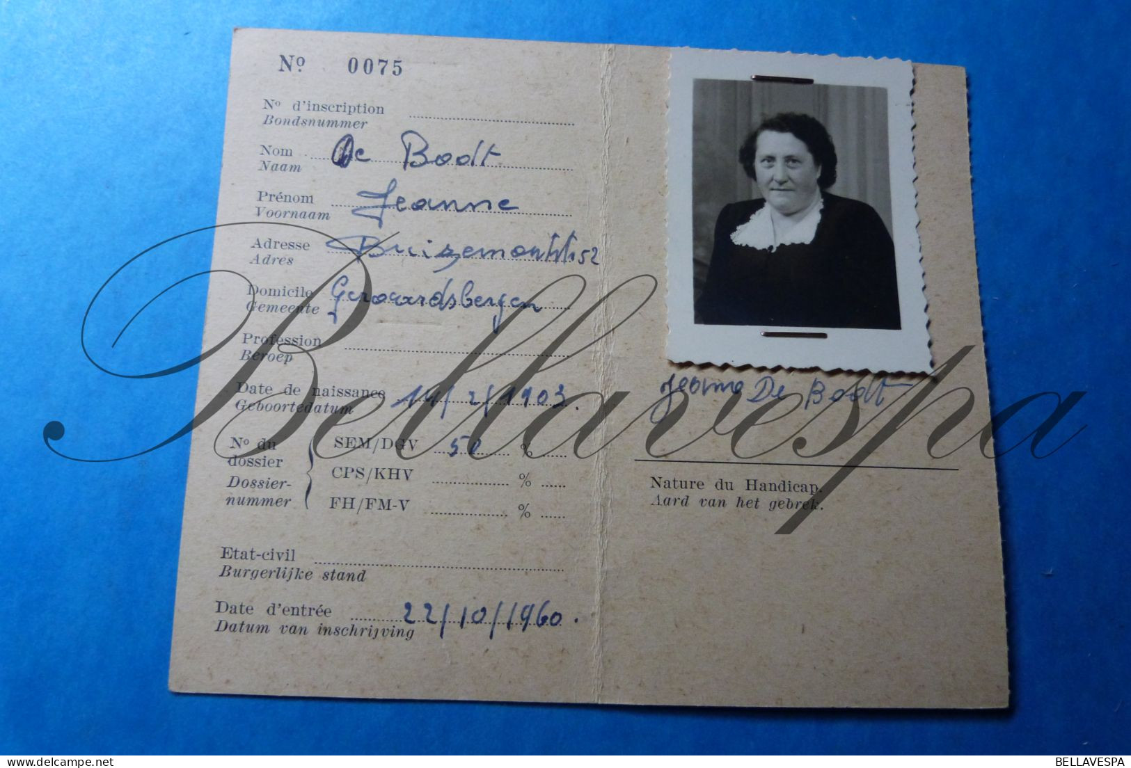 N.F.V.A.V. Invalide Lidkaart 1961   ""DE BODT Jeanne"" 14/02/1903 Geraardsbergen N° 0075 - Historical Documents