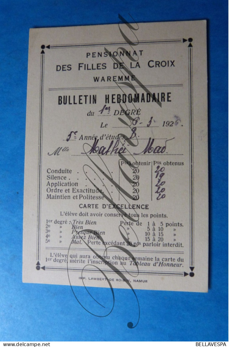 Pensionnat Des Filles De La Croix. 1925  "MATHEI Madeleine " Primus - Bulletin Hebdomadaire  X 4 Pc. - Historical Documents