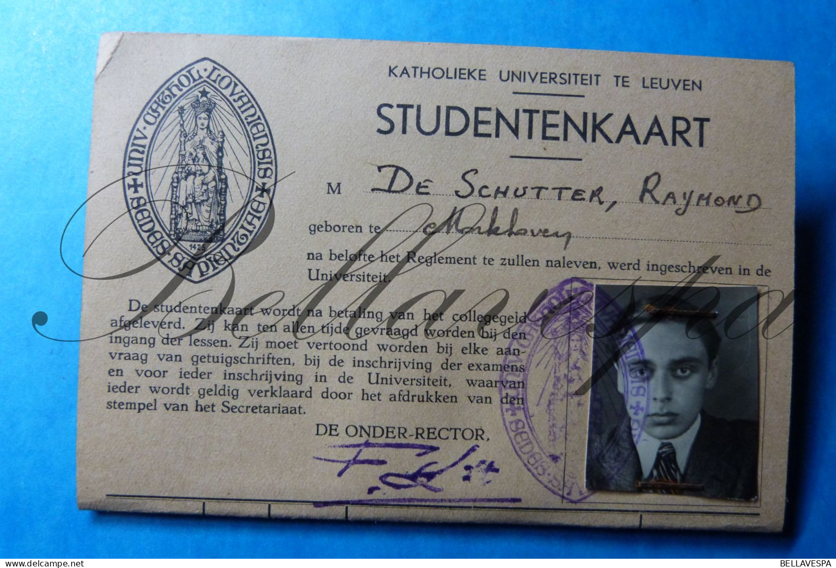 K.U.L. DE SCHUTTER Raymond Morkhoven 1946-47 Leuven Studentenkaart - Historical Documents