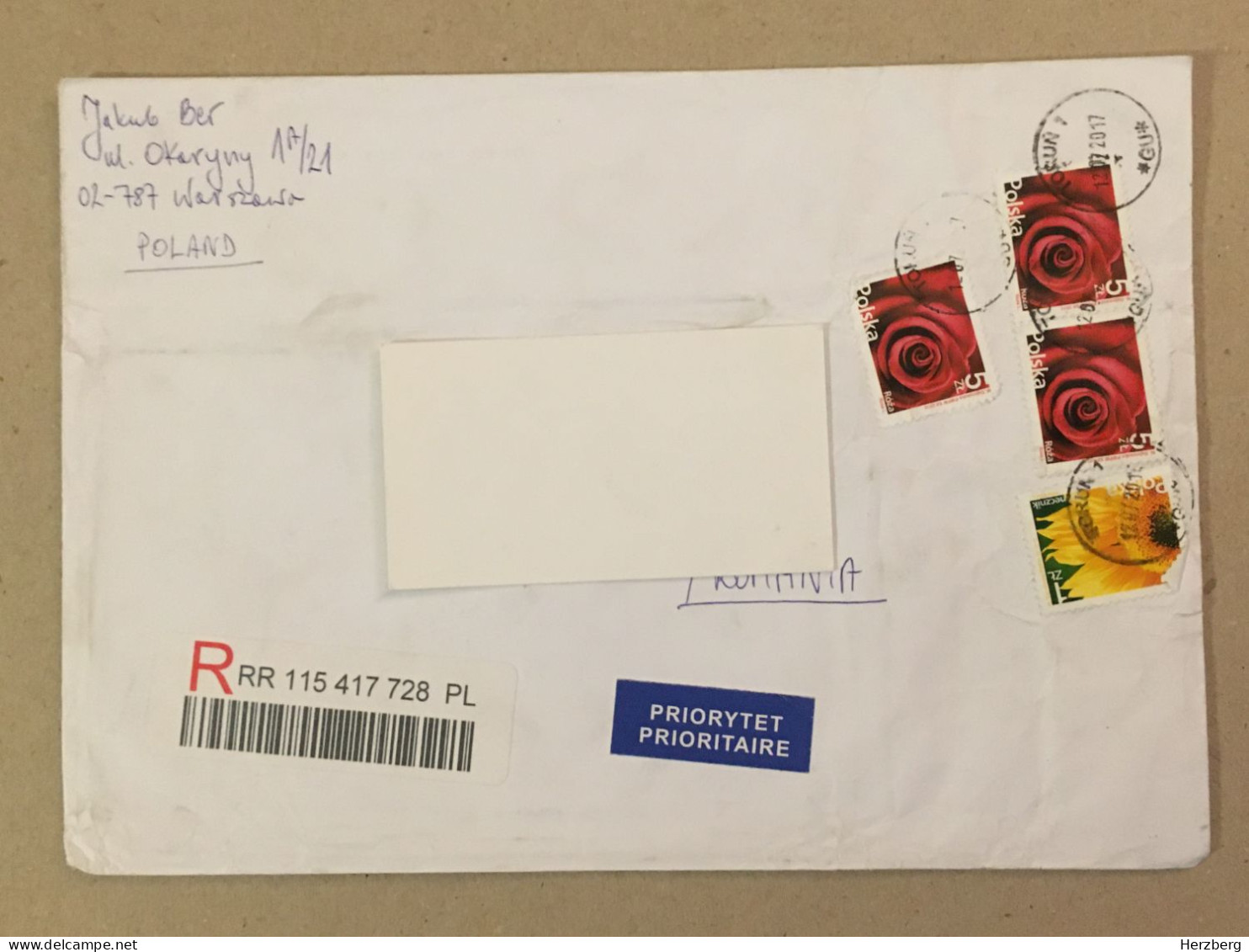 Poland Polska Used Letter Stamp Circulated Cover Rose Registered Barcode Label Printed Sticker Stamp 2017 - Storia Postale