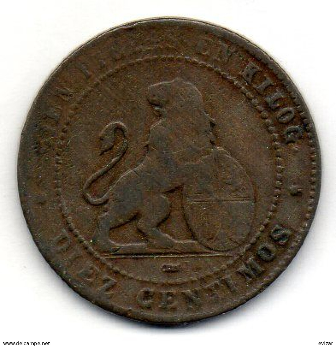SPAIN, 10 Centimos, Copper, Year 1870, KM # 663 - Other & Unclassified