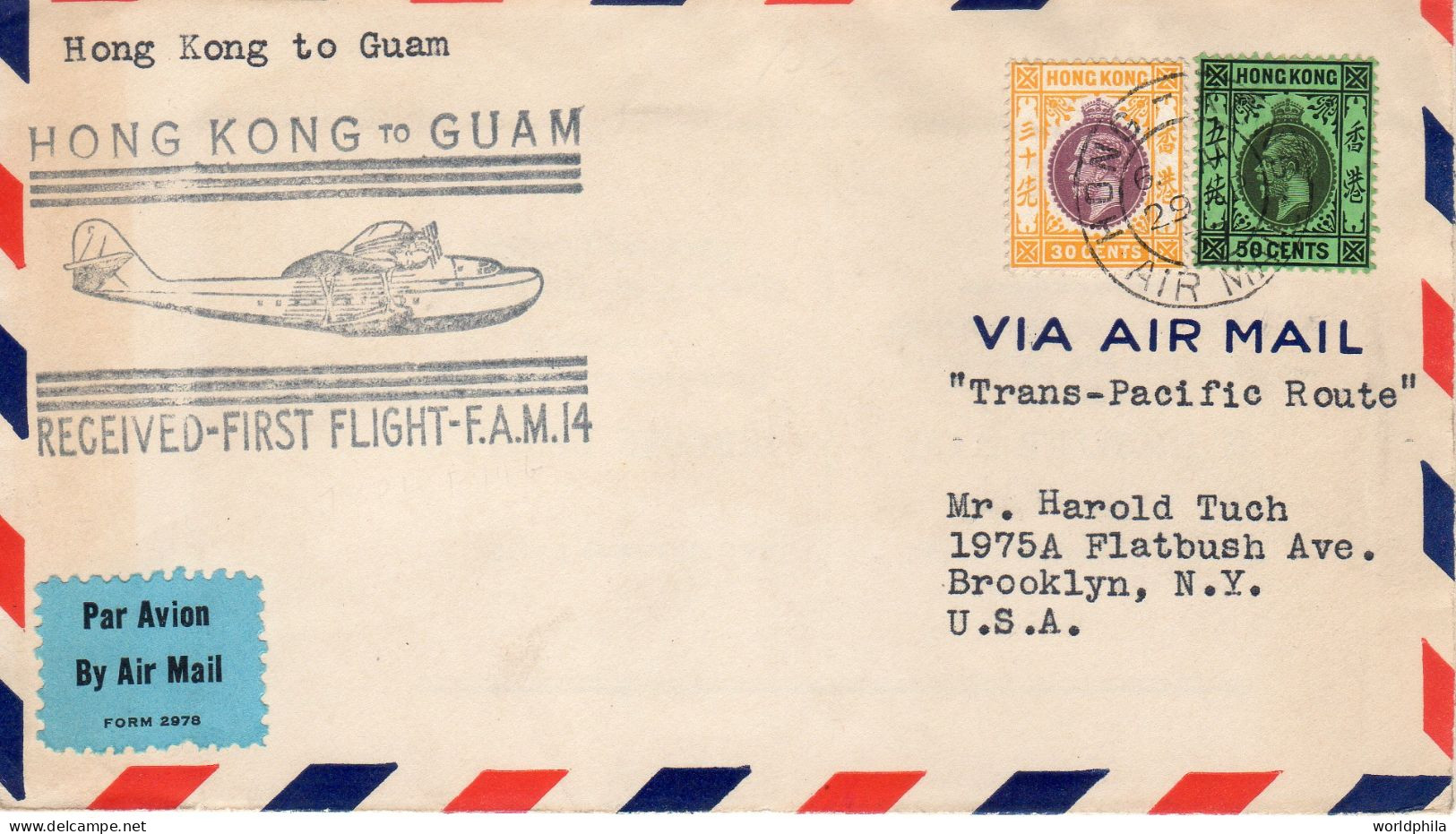 China Hong Kong To Guam 1937 Clipper F.A.M.14  FFC / Erstflugbrief II - Storia Postale