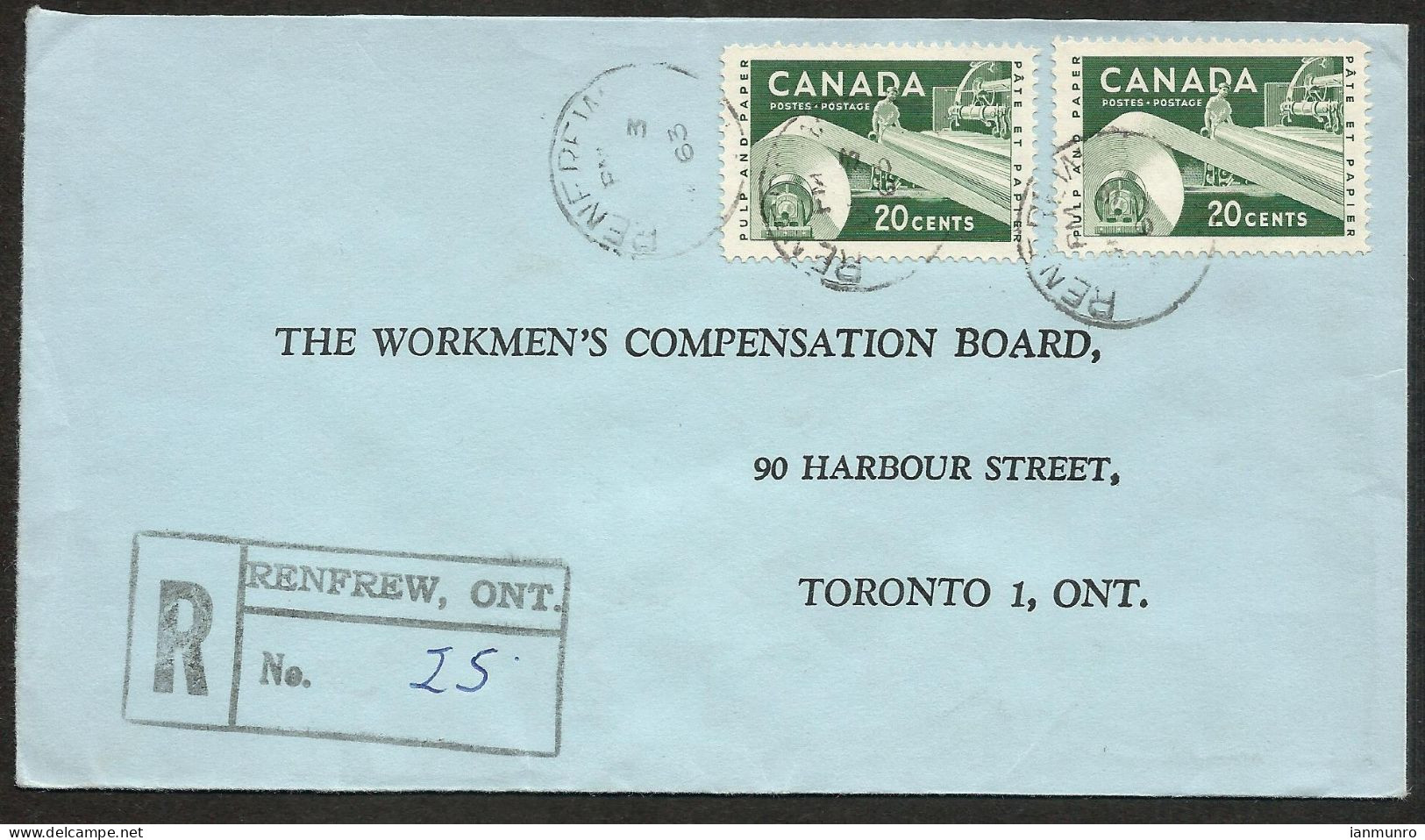 1963 Registered Cover 40c Paper CDS Renfrew To Toronto Ontario - Histoire Postale