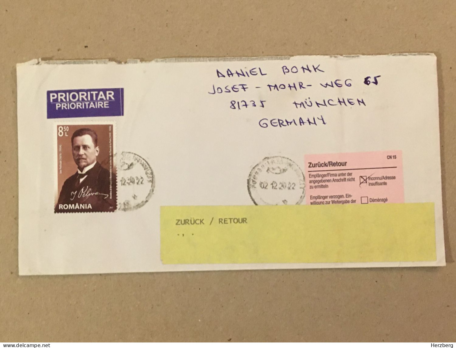 Romania Germany 2022 Cancelled Letter Sent Back Circulated Cover Envelope Cancellation Ion Pelivan Politician - Briefe U. Dokumente