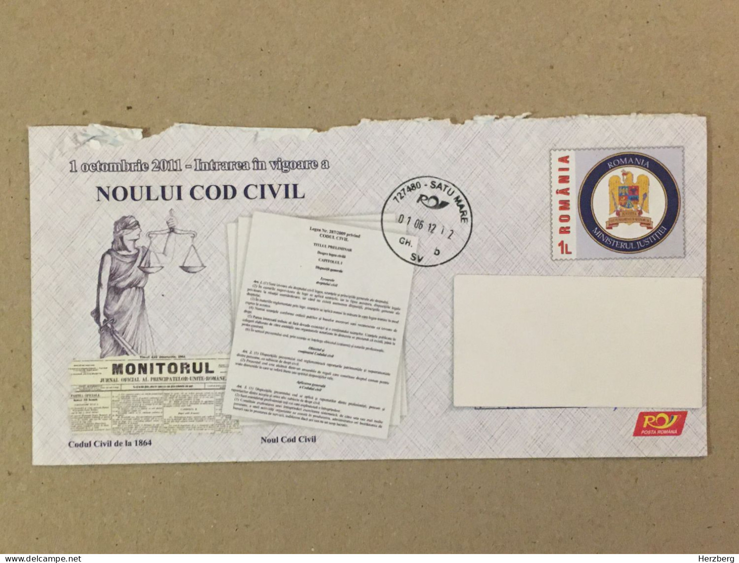 Romania Postal Stationery Used Letter Stamp Cover 2012 New Civil Code Civil Law Justice - Covers & Documents