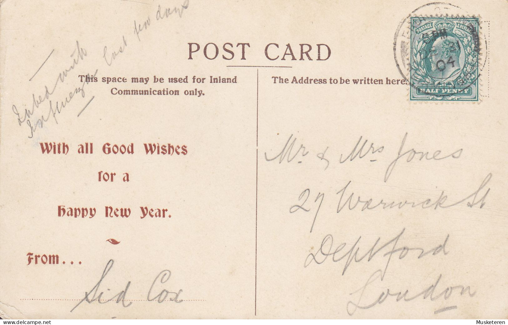 United Kingdom PPC Parish Church, Erdington 'With All Good Wishes For A Happy New Year' ERDINGTON 1904 LONDON (2 Scans) - Birmingham