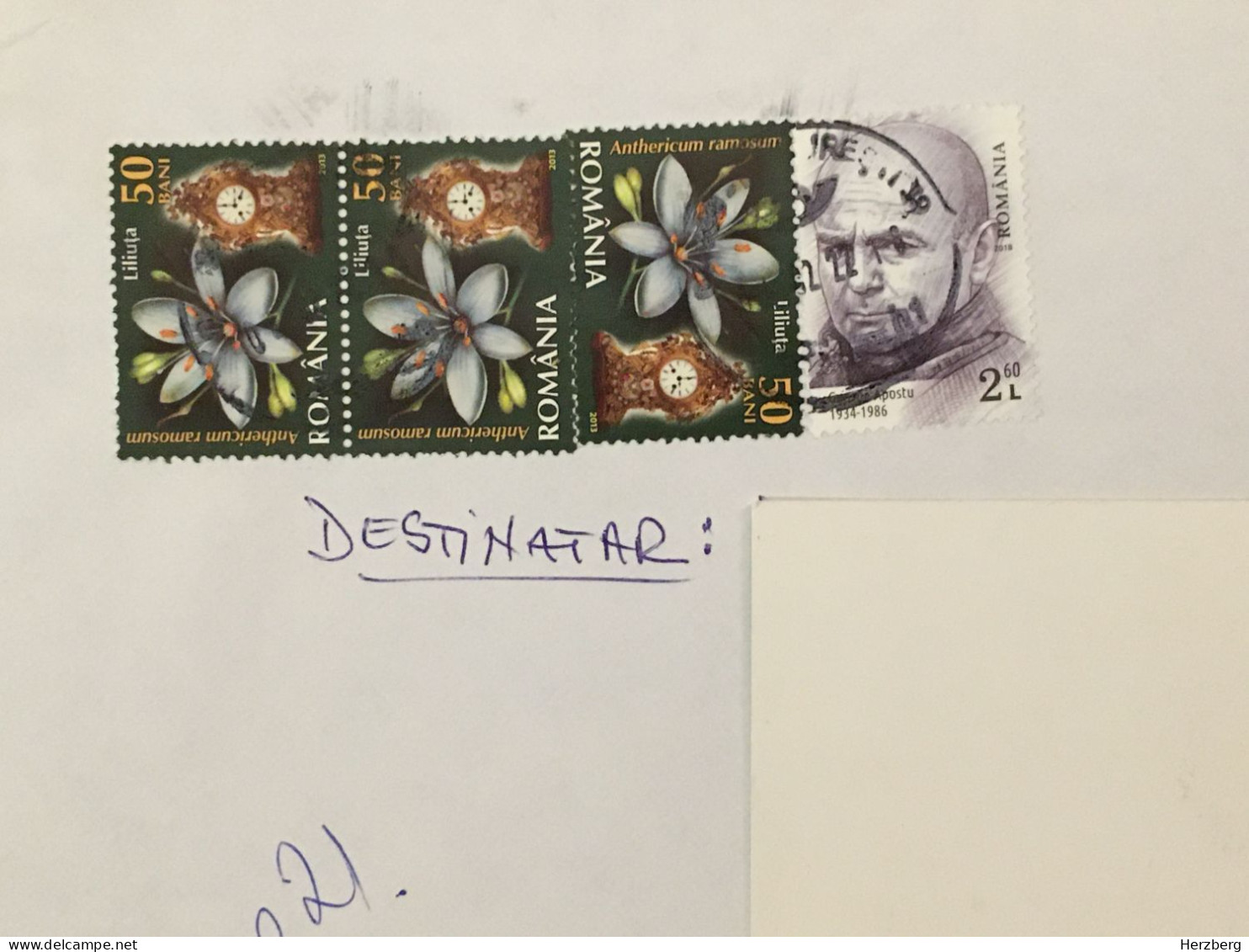 Romania Used Letter Stamp Cover 2022 Flowers Mantel Clock George Apostu Artist - Storia Postale