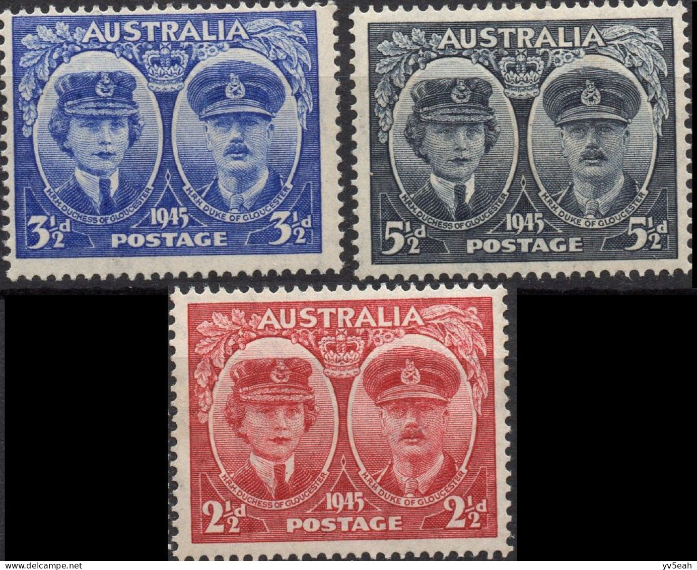 AUSTRALIA/1945/MH/SC#197-199/DUKE AND DUCKNESS OF GLOUCESTER / FULL SET/ 2 1/2p MNG & 3 1/2P MISSED ONE DENT - Nuevos