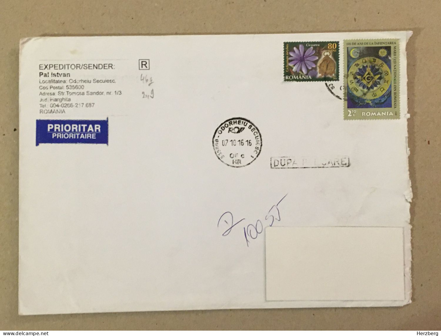 Romania Used Letter Stamp Cover 2016 Flowers Mantel Clock 135 Years Masonic Grand Lodge Jubilee Freemasonry - Other & Unclassified