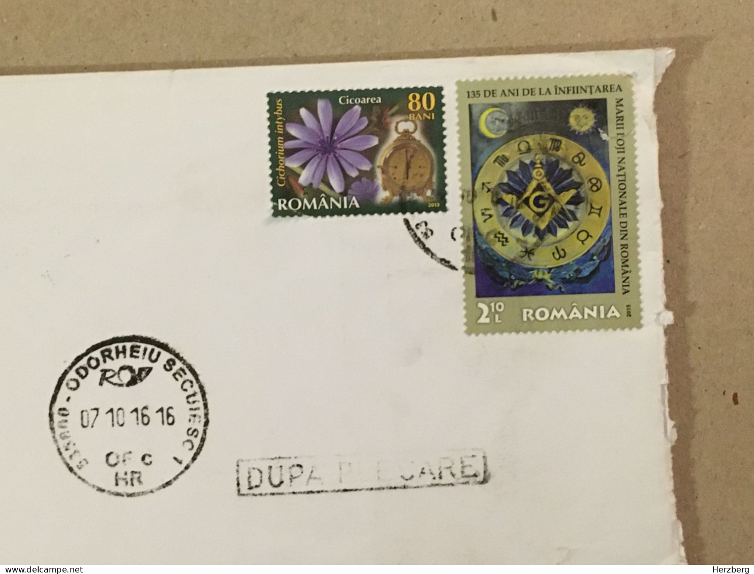 Romania Used Letter Stamp Cover 2016 Flowers Mantel Clock 135 Years Masonic Grand Lodge Jubilee Freemasonry - Other & Unclassified