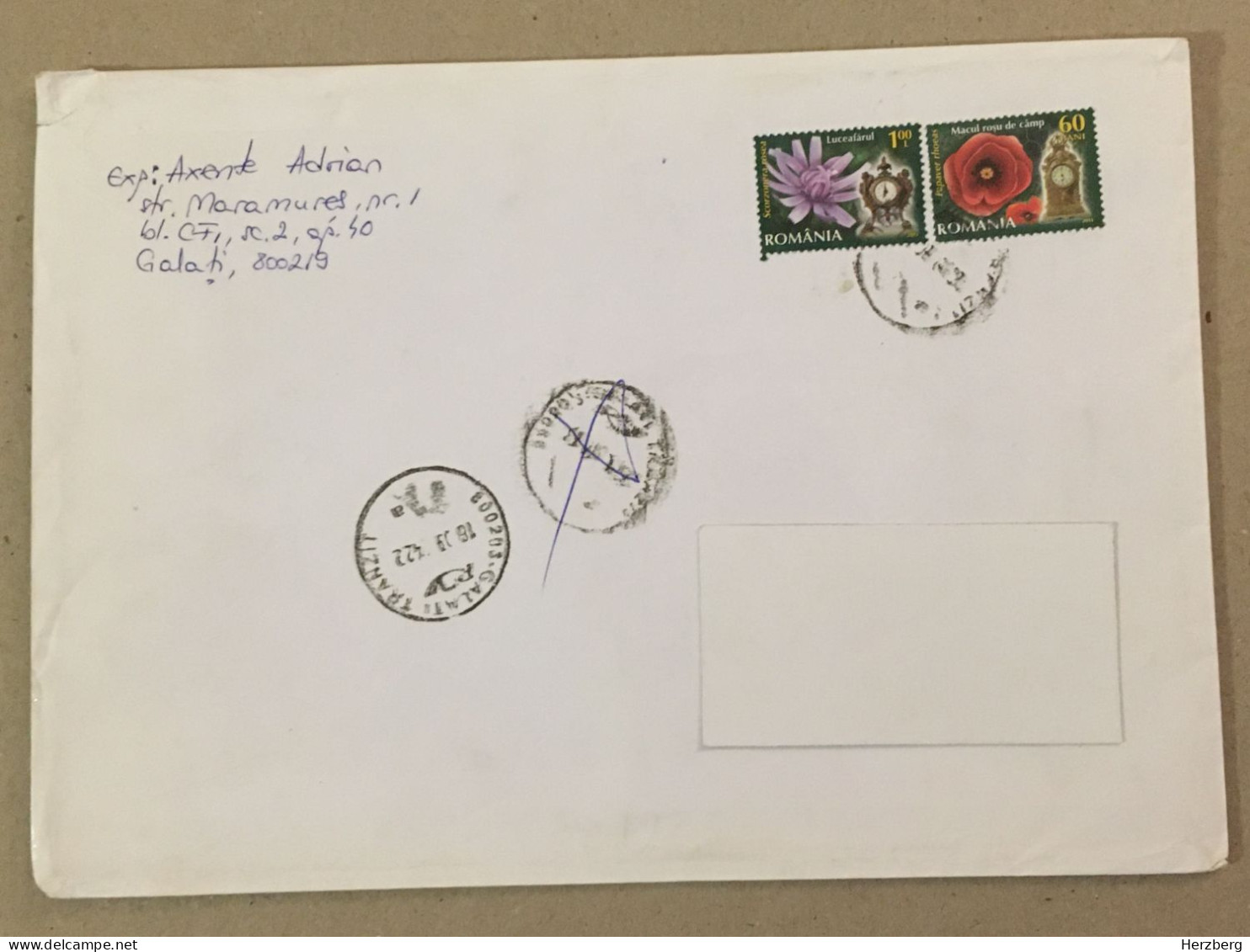 Romania Used Letter Stamp Cover 2014 Flowers Mantel Clock - Autres & Non Classés