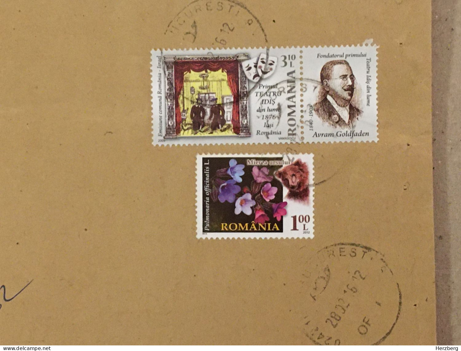 Romania Used Letter Stamp Cover 2016 Flowers Bear Ours Abraham Goldfaden Jewish Father Of Jewish Theatre Judaica - Andere & Zonder Classificatie