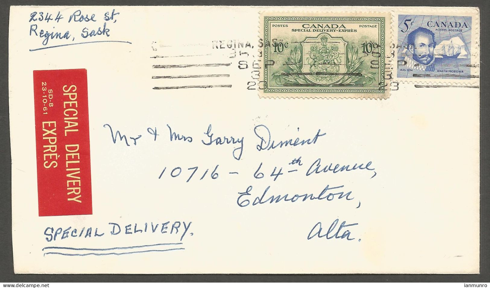 1963 Special Delivery Cover 15c Frobisher/#E11 Roller Regina Saskatchewan To Edmonton Alberta - Postgeschiedenis