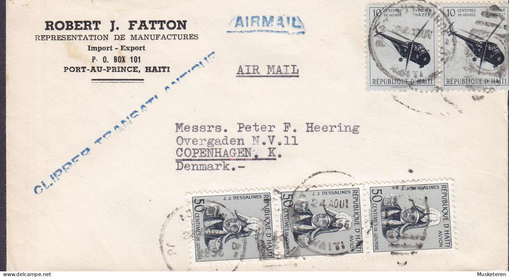 Haiti ROBERT J. FATTON, PORT-AU-PRINCE 1956 Cover Lettre Purple CLIPPER TRANSATLANTIQUE 3-Stripe & Pair Helicopter - Haïti