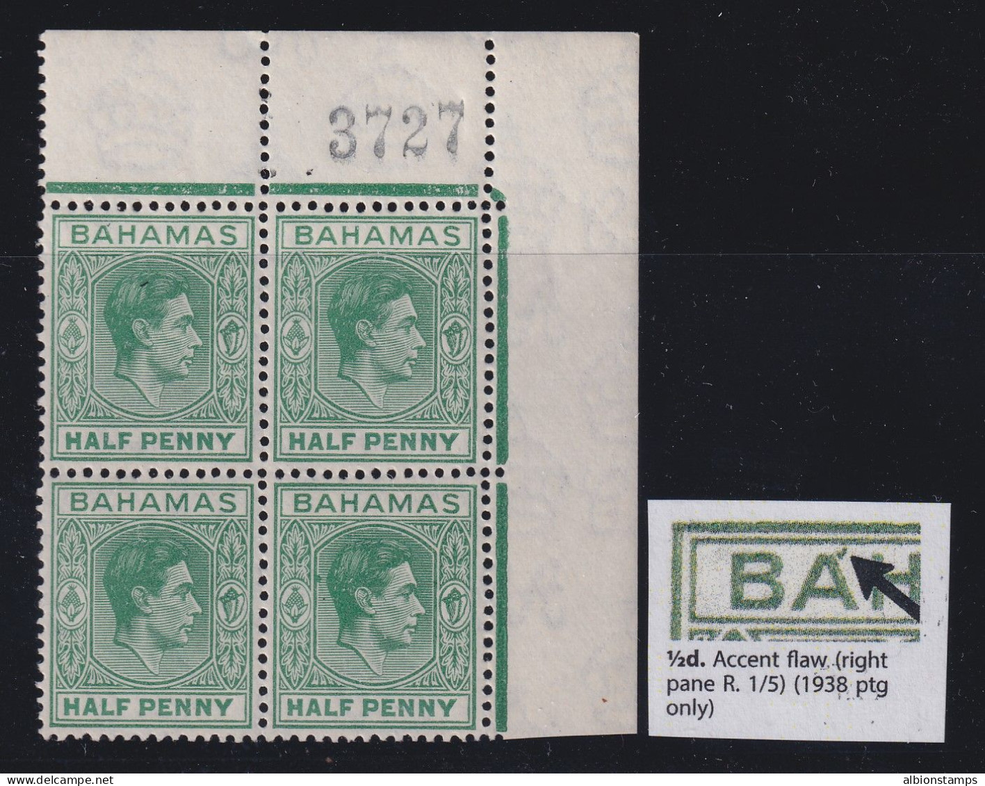 Bahamas, SG 149b, MNH Control Block "Accent Flaw" Variety - 1859-1963 Crown Colony