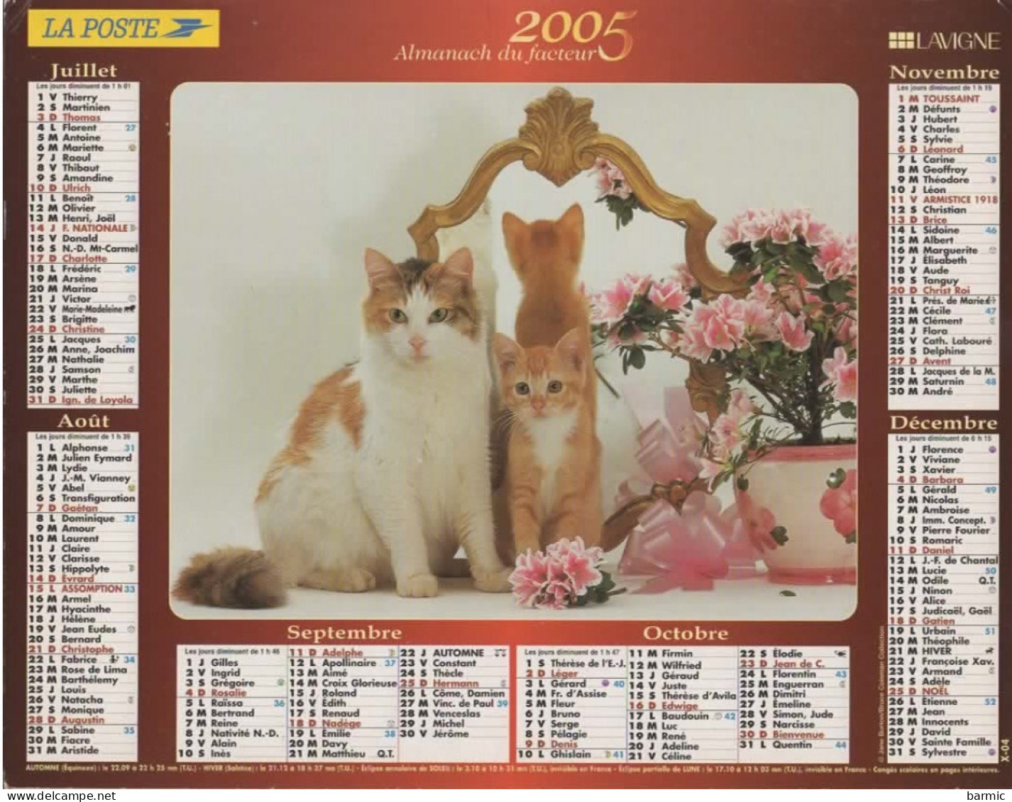 CALENDRIER ANNEE 2005, COMPLET, CHIEN LISANT UN LIVRE, MAMAN CHAT ET SON PETIT COULEUR REF 14401 - Grand Format : 2001-...