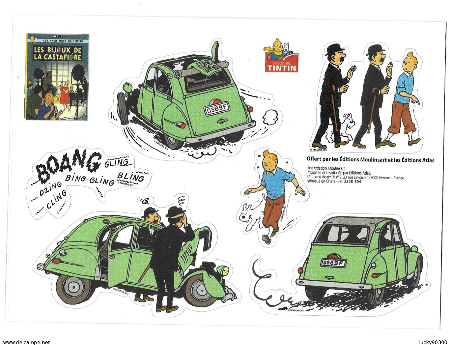 PLANCHE DE 6 AUTOCOLLANTS - TINTIN - LES BIJOUX DE LA CASTAFIORE - MILOU - DUPOND ET DUPONT - VOITURE 2 CV CHEVAUX - Stickers