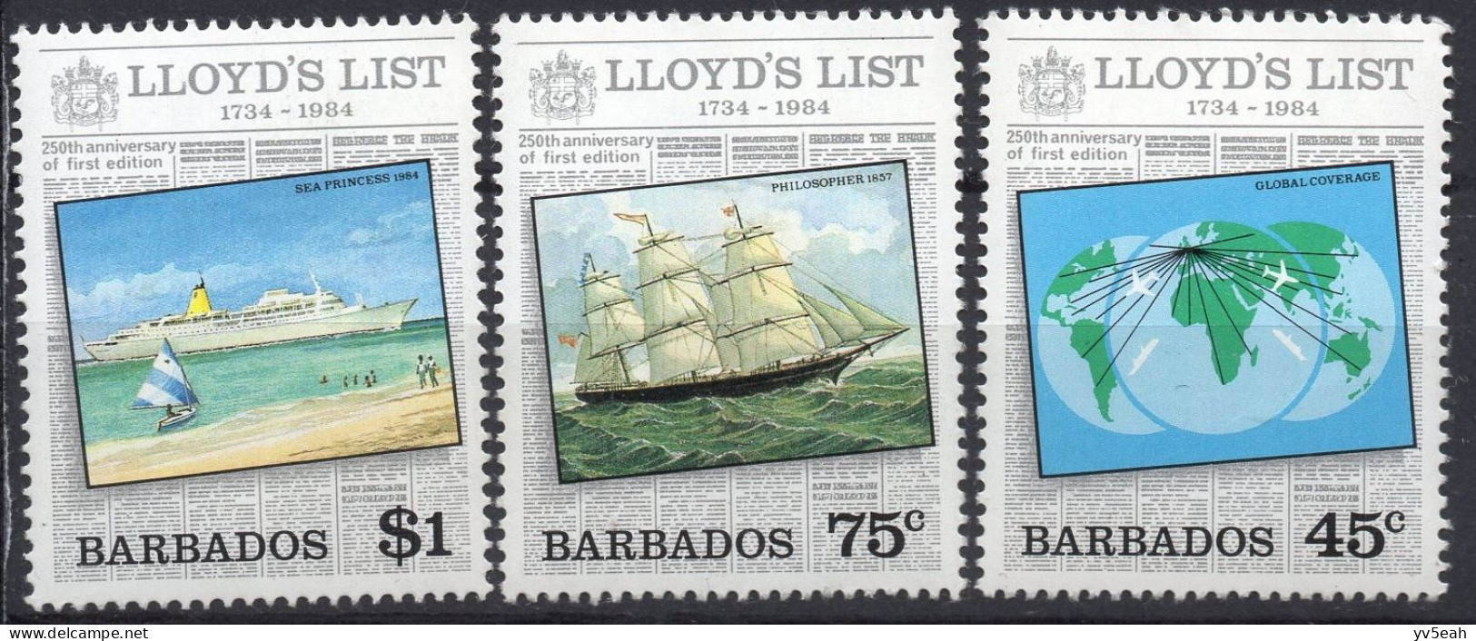 BARBADOS/1984/MNH/SC#627, 629-30/ LLOYD'S LIST ISSUE / SHIPS /MAP /50c MISSED - Barbados (1966-...)