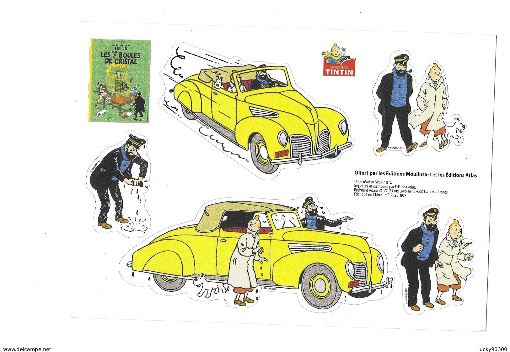 PLANCHE DE 5 AUTOCOLLANTS - TINTIN - LES 7 BOULES DE CRISTAL - MILOU - HADDOCK - VOITURE - Zelfklevers