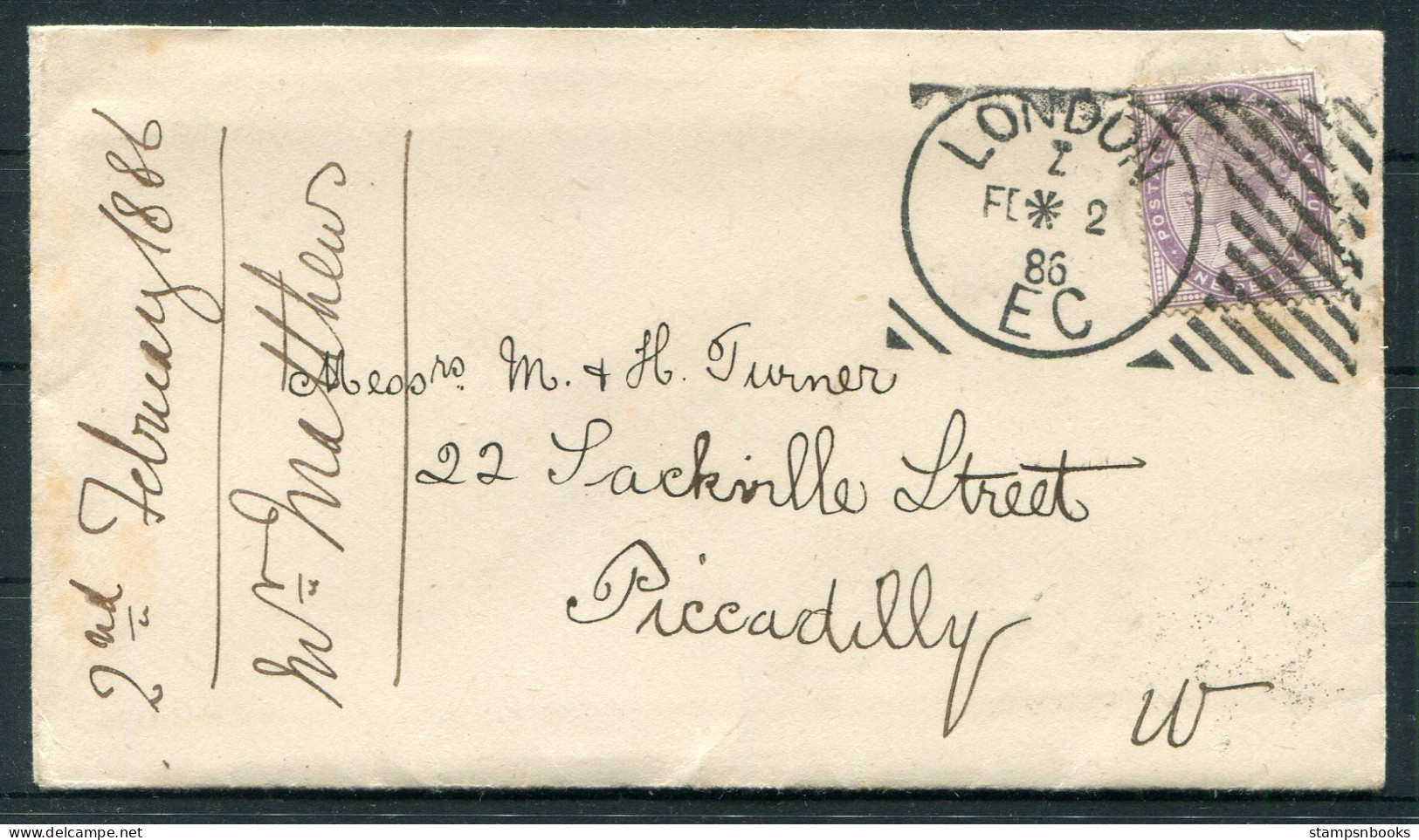 1886 GB London "Hoster" Cover+ Letter - Sackville Street, Piccadilly  - Covers & Documents