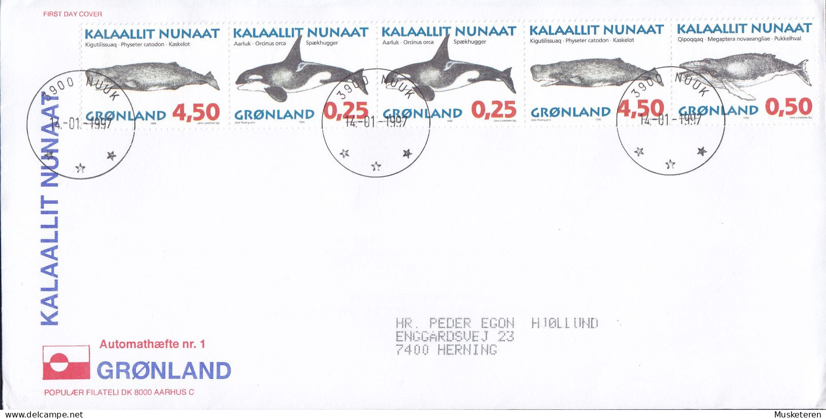 Greenland Ersttags Brief FDC Cover 1997 Automathæfte Nr. 1, H-Blatt 11 Wale Whales In 5-Stripe From MH 6. - FDC