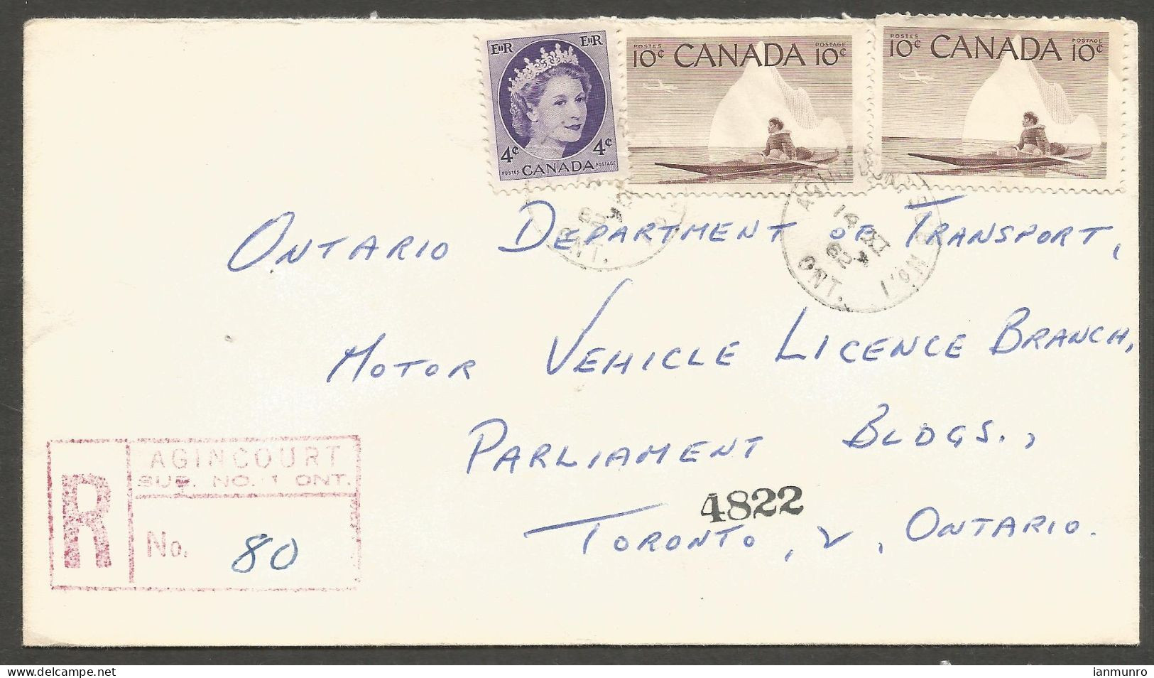 1962 Registered Cover 24c Wilding/Kayak CDS Agincourt Sub No 1 Ontario To Toronto - Postal History