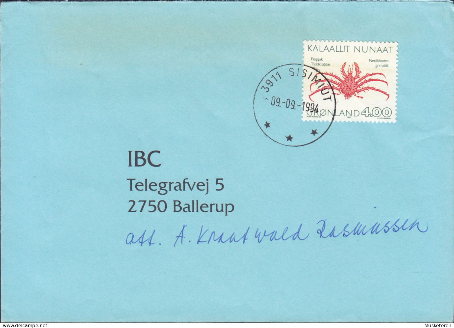 Greenland SISIMIUT 1994 Cover Brief Lettre BALLERUP Denmark Crab Krabbe Steinkrabbe - Brieven En Documenten