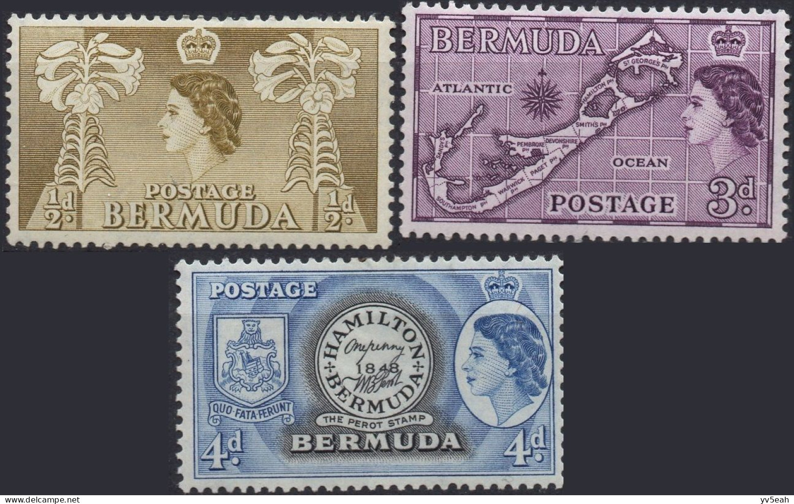 BERMUDA/1953-8/MH/SC#143, 148, 150/ QUEEN ELIZABETH II/ QEII/ MAP/ COINS, FLOWERS/ COAT OF ARMS/ PARTIAL SET - Bermuda