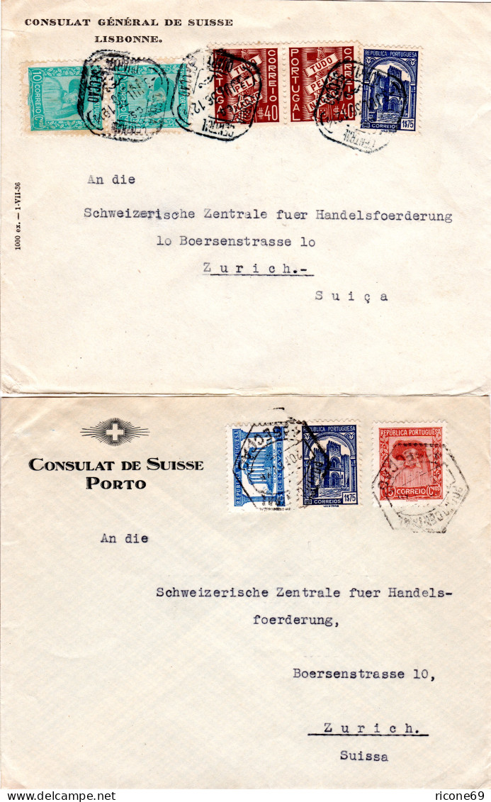 Portugal 1936, 2 Konsulat Biefe V. Porto/Lisboa I.d. Schweiz - Other & Unclassified