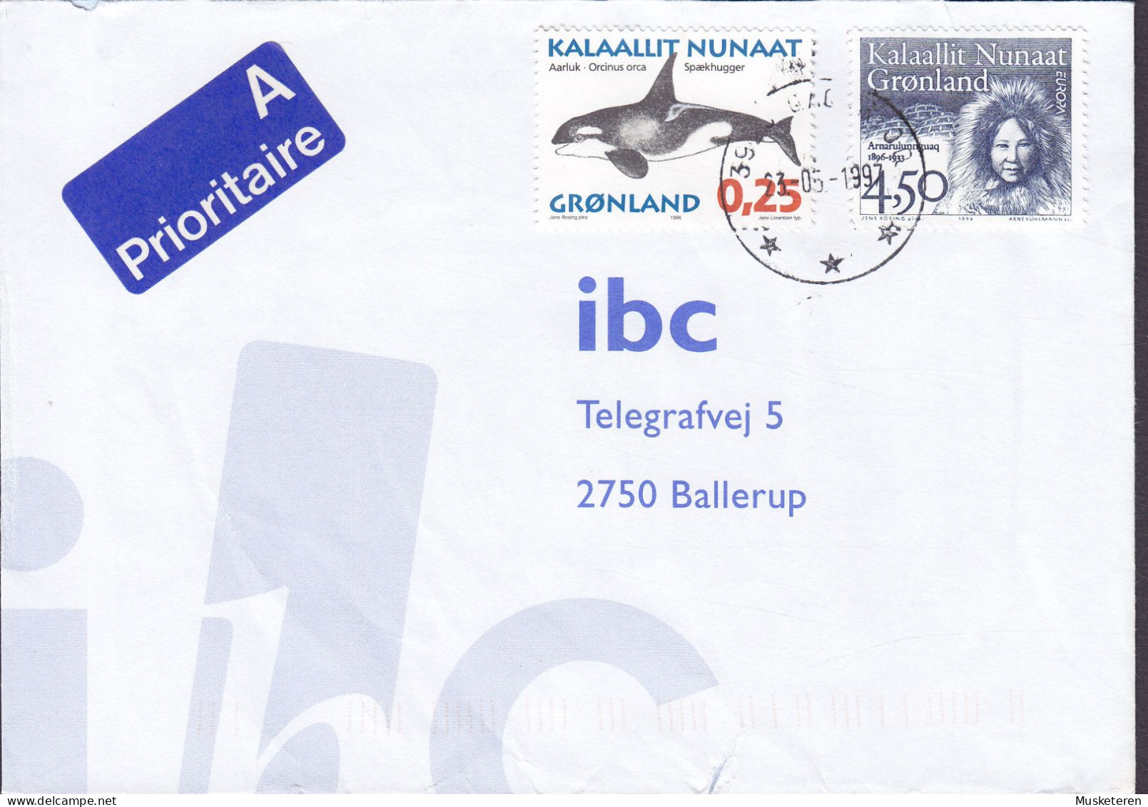 Greenland A Prioritaire Label QAQORTOQ (Julianehåb) 1997 Cover Brief Lettre BALLERUP Denmark Europa CEPT & Whale Wale - Lettres & Documents