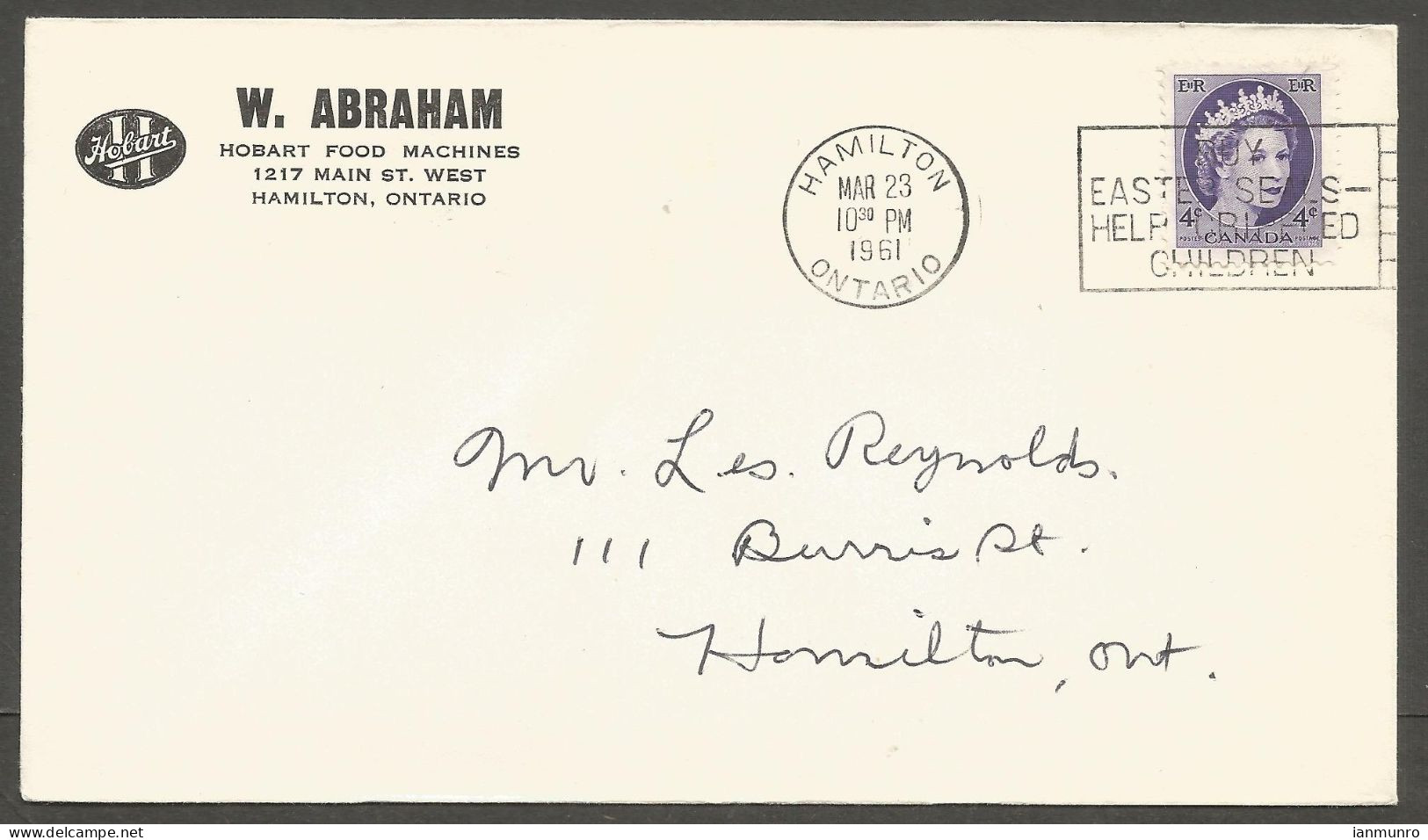 1961 Abraham Hobart Food Machines Advertising Cover 4c Wilding Hamilton Ontario - Postgeschiedenis