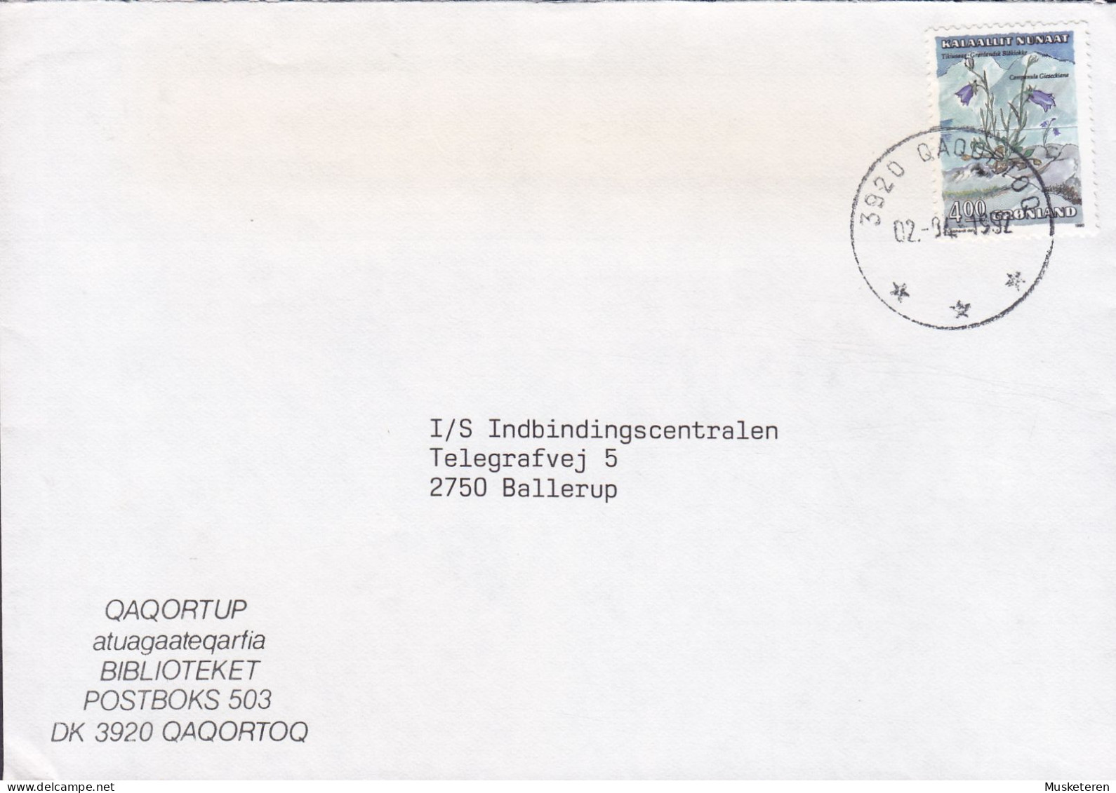 Greenland BIBLIOTEKET (Biliothek) QAQORTOQ (Julianehåb) 1992 Cover Brief Lettre BALLERUP Denmark 4.00 Kr Flower Stamp - Covers & Documents