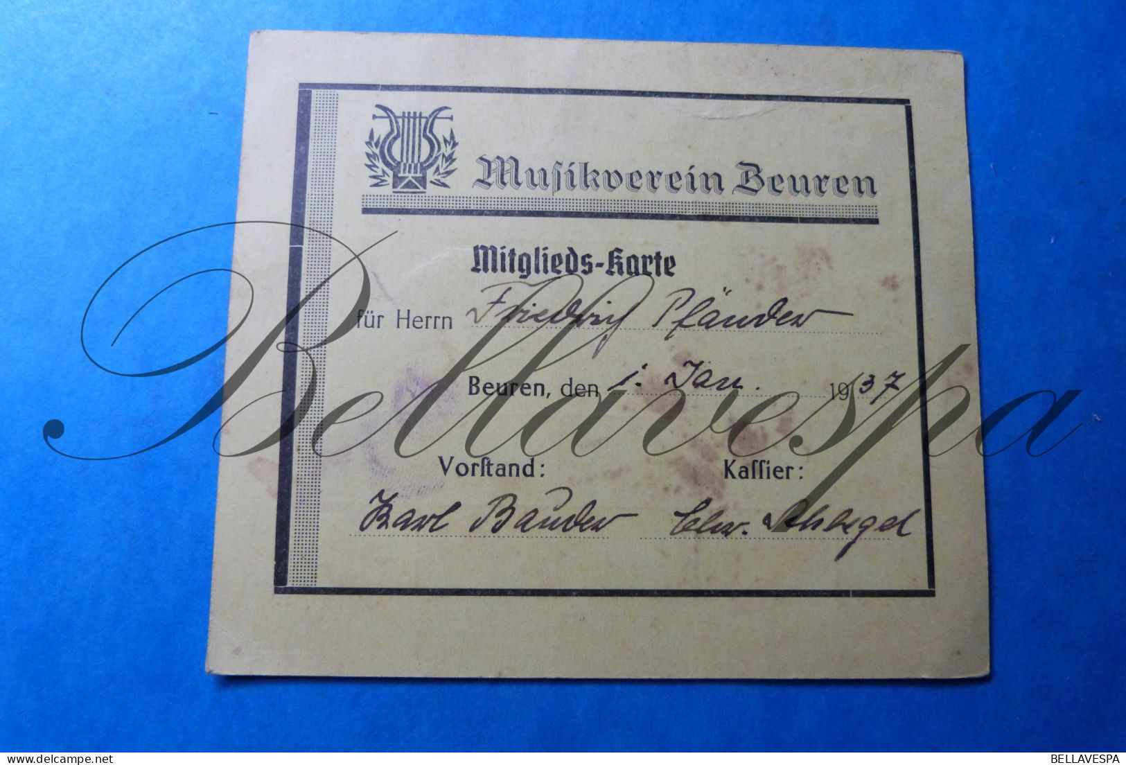 Musikverein BEUREN Mitglieds-karte Friedrig Pfa.. 1937 -1938-1939 - Documents Historiques