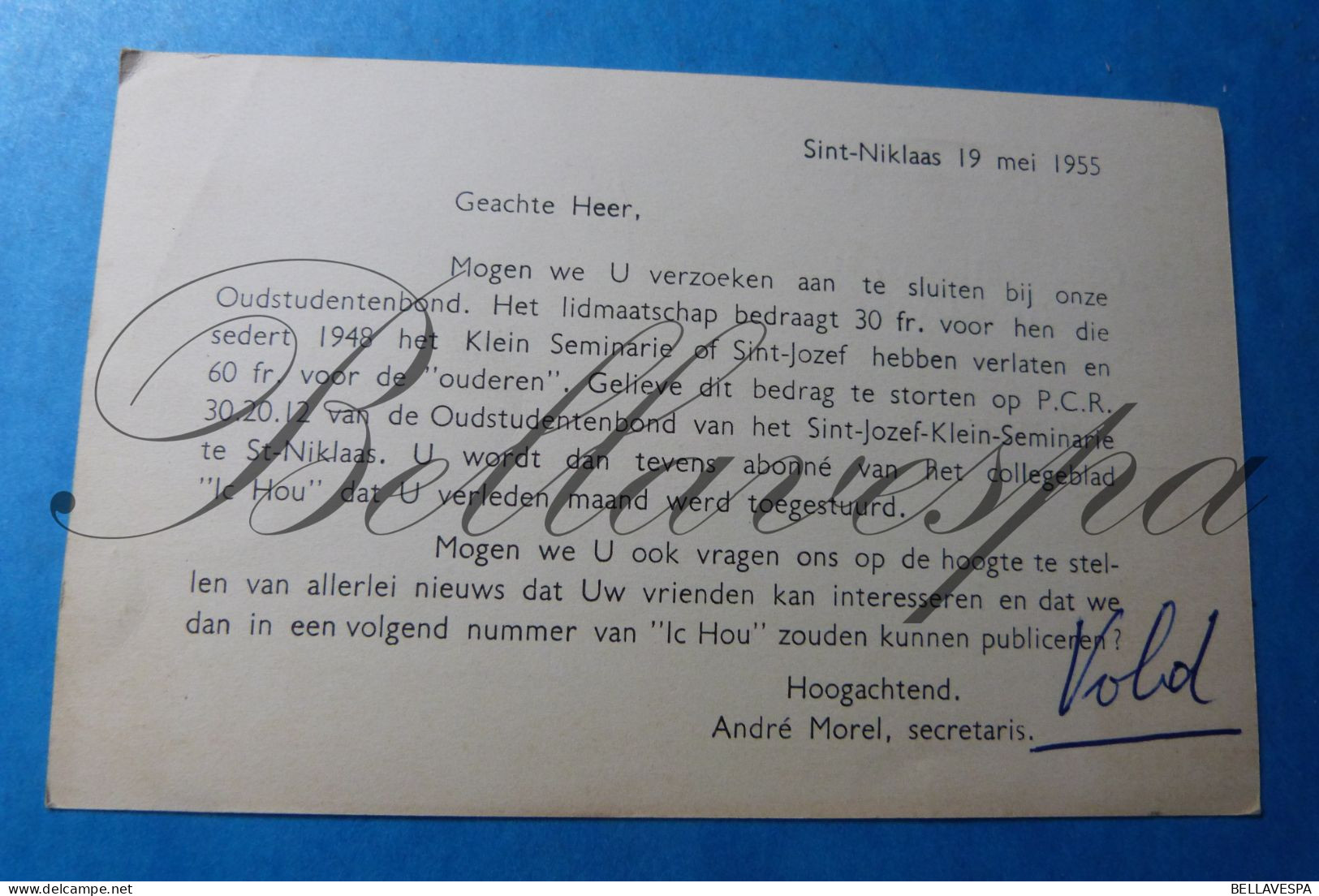 Oud-Studentenbond  Colleblad "IC HOU" Sint-Niklaas Tav De Greave Kattenstraat Geraardsbergen 21_05_1955 - Historische Dokumente