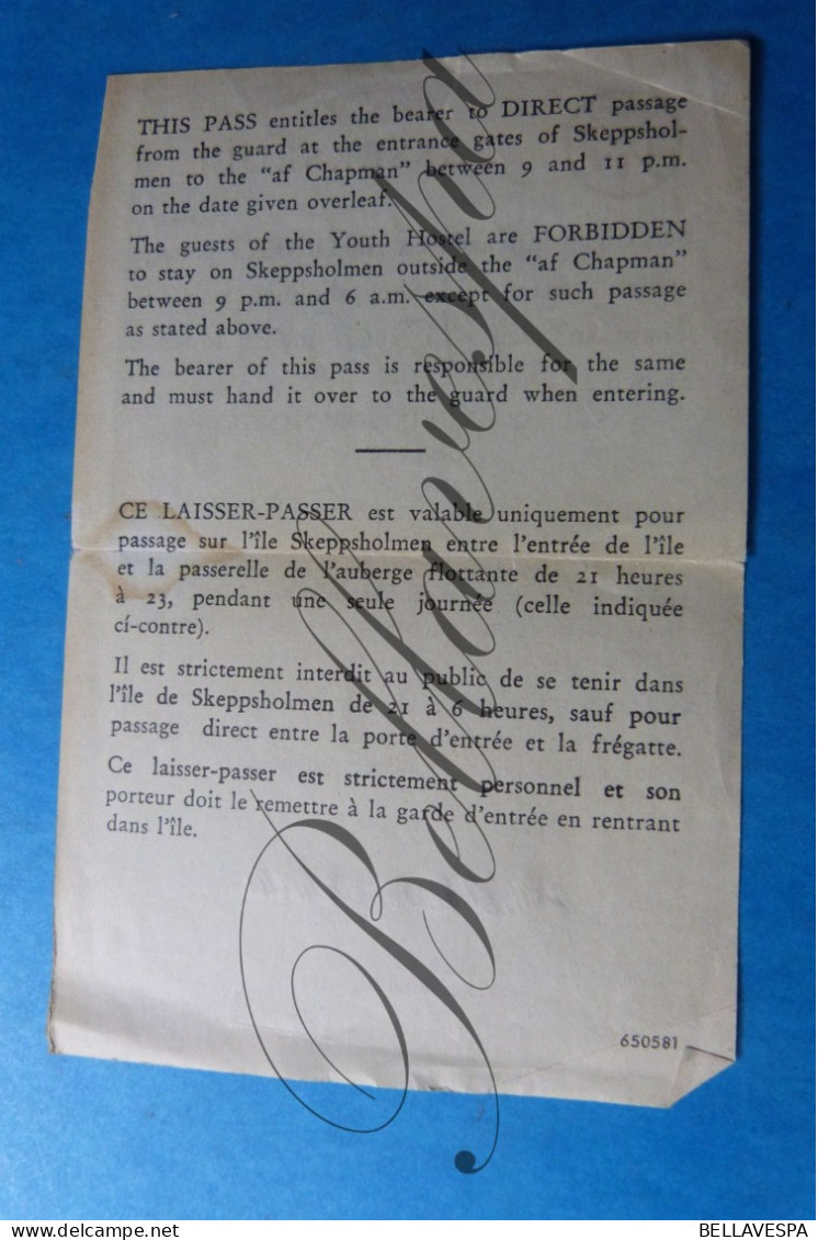 S.T.F. Passersedel Innehavaren SKEPPSHOLMEN Och  " Af Chapman" 18/05/1965 Stockholm Sweden Ticket - Historical Documents