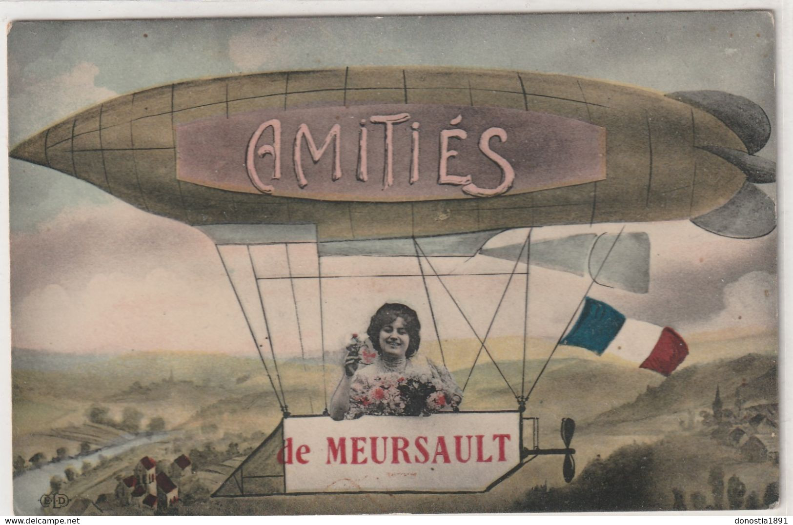 Amitiés De MEURSAULT  (21)fantaisie, Dirigeable, Jolie Jeune Femme, Drapeau  - Ed. E L D  -   Timbrée 1910 - Meursault