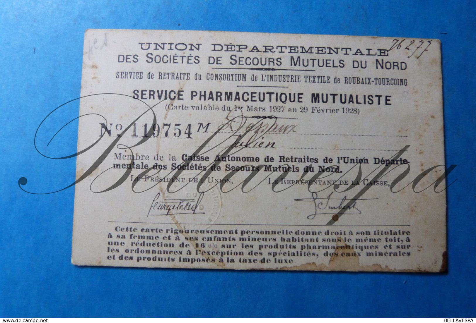 Service Pharmaceutique Mutualiste  DESSAUX Julien 1927-28 Consortiu Roubaix-Tourcoing Industrie Textile - Historical Documents