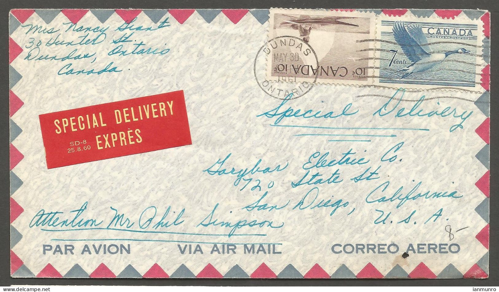 1961 Special Delivery Airmail Cover 17c Kayak/Goose Dundas Ontario To USA - Postgeschiedenis