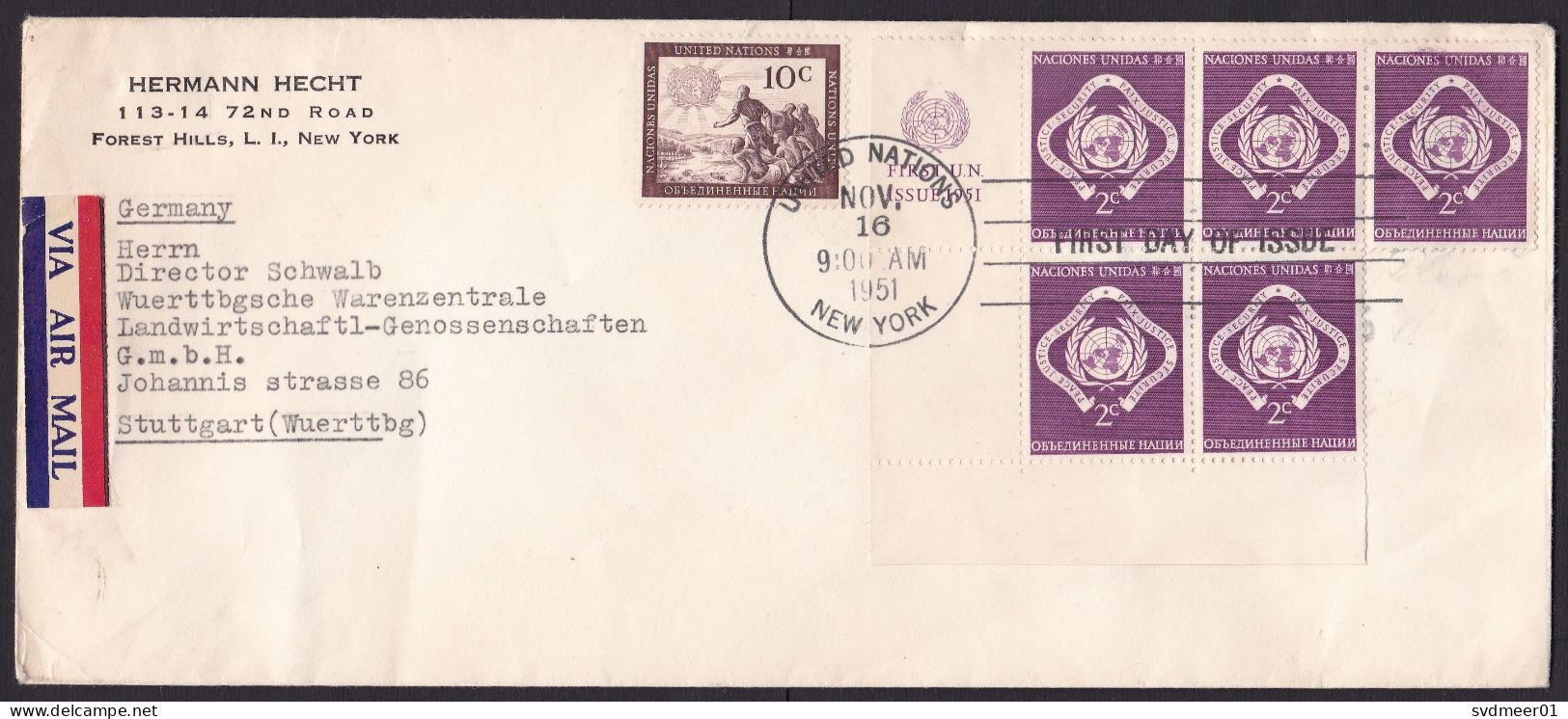 United Nations New York: Cover To Germany, 1951, 6 Stamps, Peace & Security, First Day Cancel, Air Label (minor Damage) - Brieven En Documenten