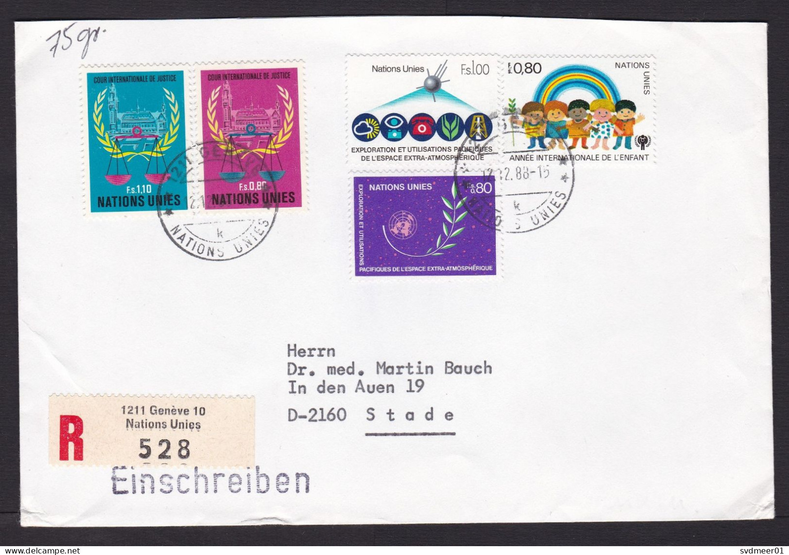 United Nations Geneva: Registered Cover To Germany 1988, 5 Stamps, Space, Court Justice, Children, Label (traces Of Use) - Cartas & Documentos