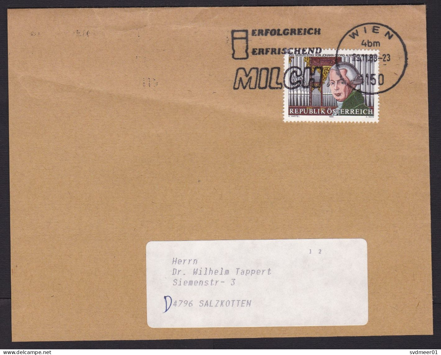 Austria: Cover To Germany, 1988, 1 Stamp, Church Organ, Music History, Cancel Slogan Milk (crease, Shortened At 2 Sides) - Cartas & Documentos