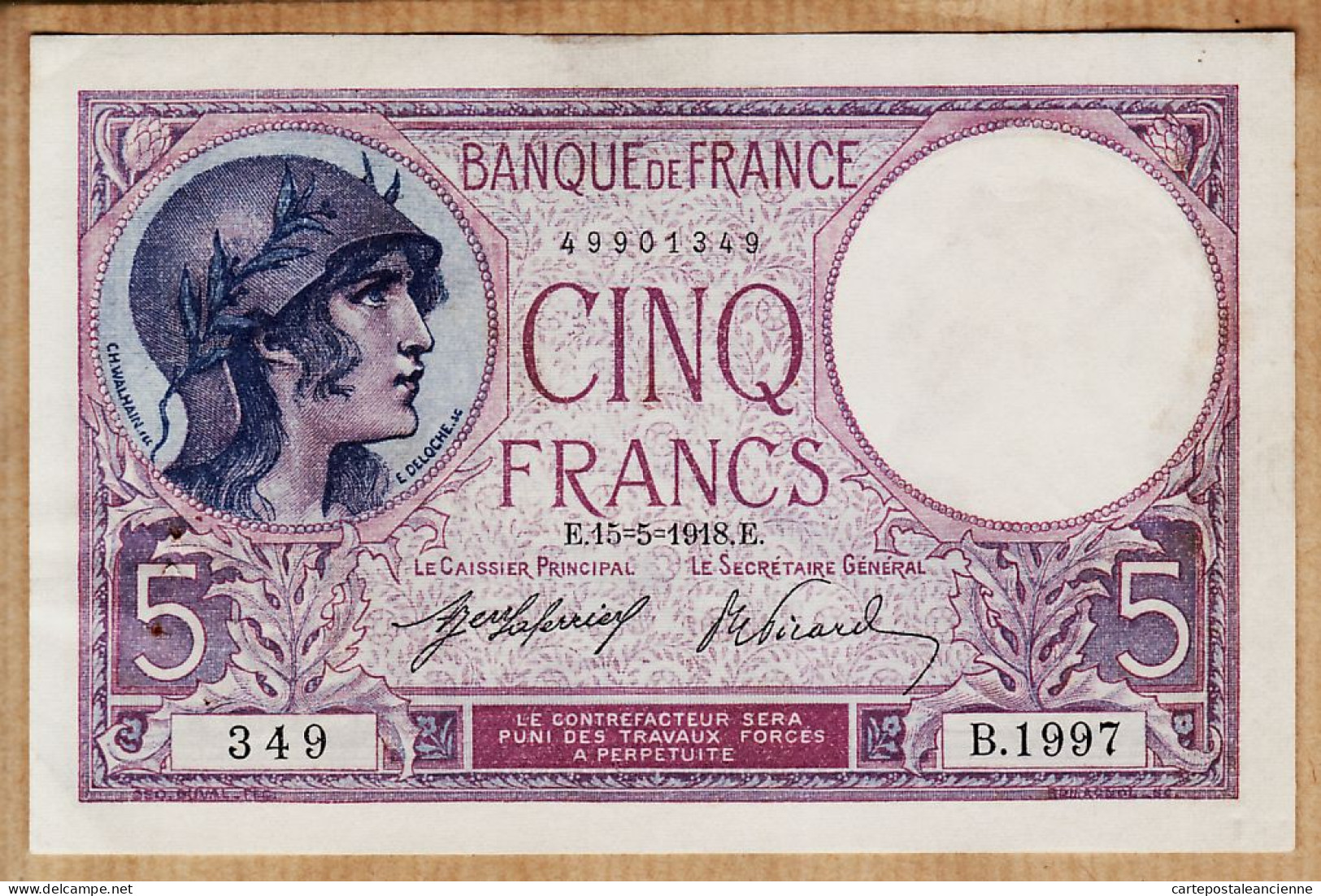 05984 / ⭐ ♥️ Etat SUP + - Billet CINQ 5 FRANCS Type VIOLET E 15=5=1918 - 15 Mai 1918 Alphabet B-1997 N°49901349 - 5 F 1917-1940 ''Violet''