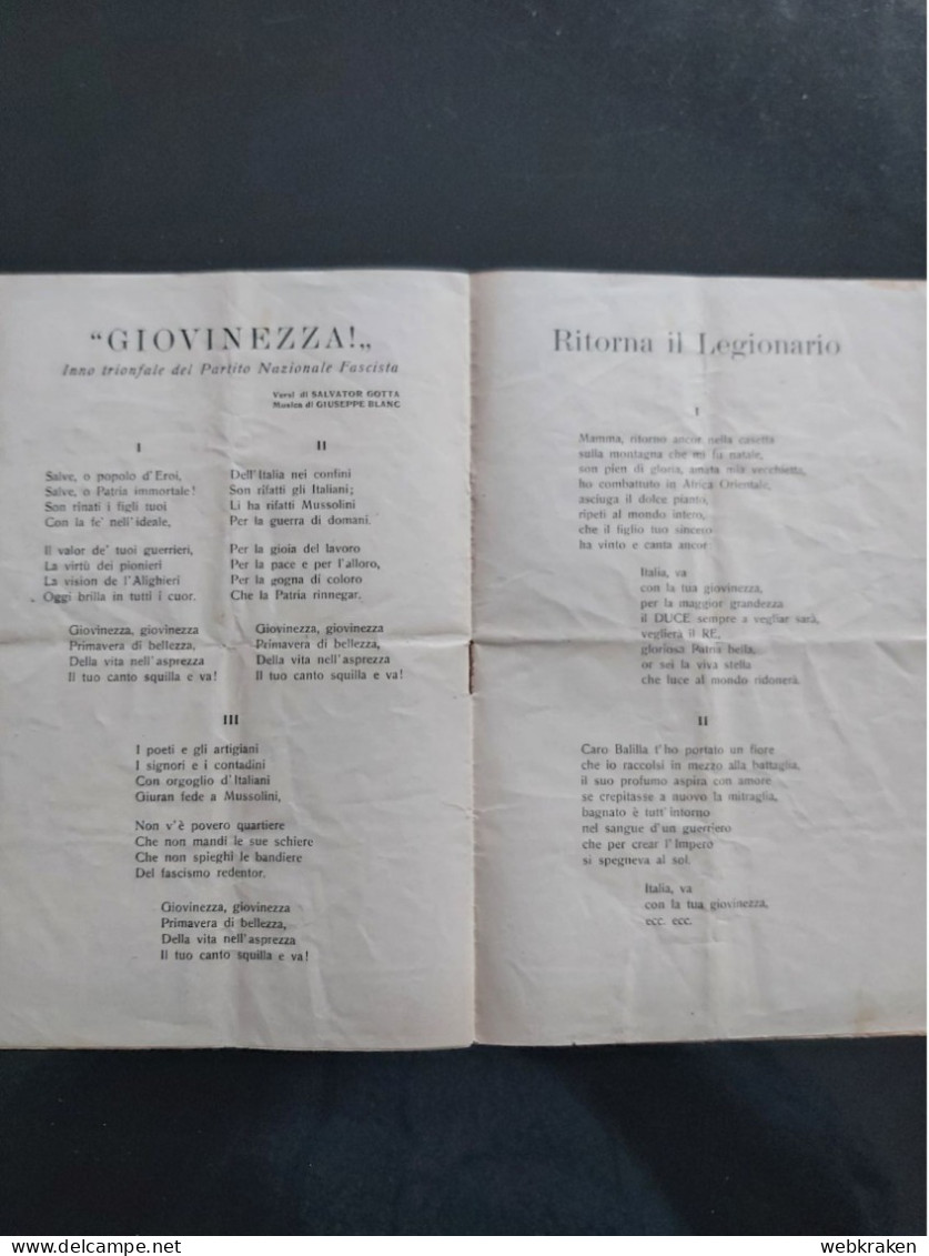 INSERTO INNI E CANTI DELLA PATRIA REGNO D'ITALIA GIL LITTORIO TRIESTE 1939 - War 1939-45