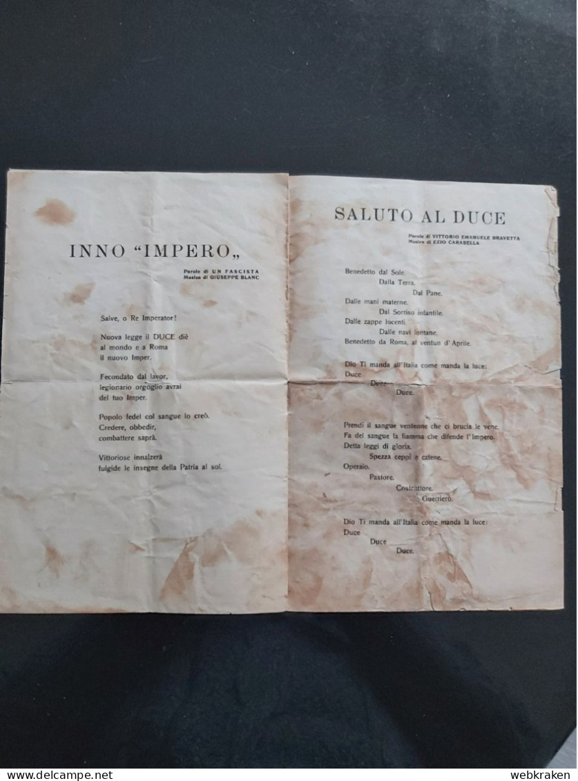 INSERTO INNI E CANTI DELLA PATRIA REGNO D'ITALIA GIL LITTORIO TRIESTE 1939 - Guerra 1939-45