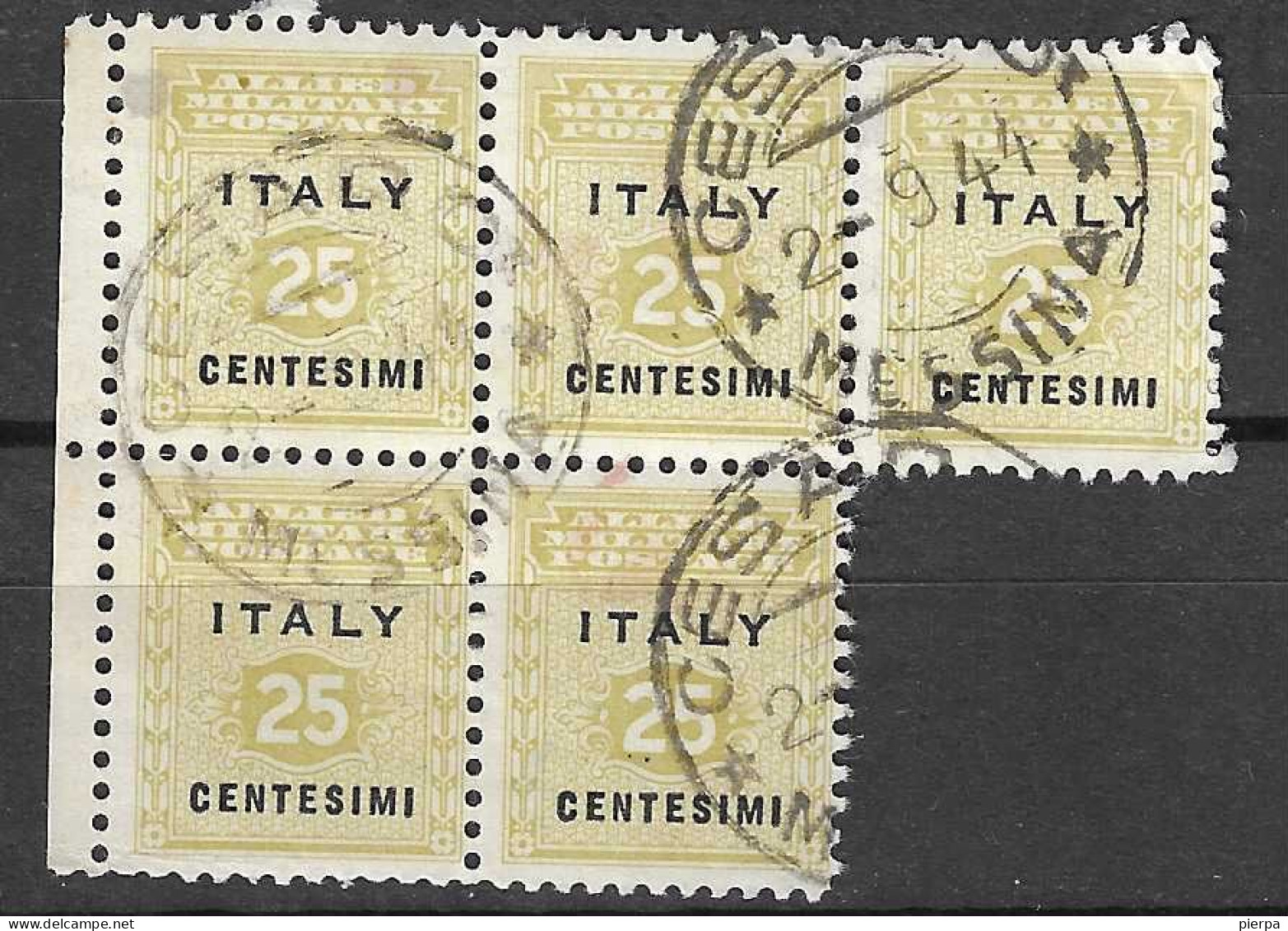 SICILIA OCCUPAZIONE INTERALLEATA - 1943 - 25 C. - BLOCCO DI 5 VALORI - USATO  (YVERT 2 - MICHEL 2- SS 2) - Occ. Anglo-américaine: Sicile