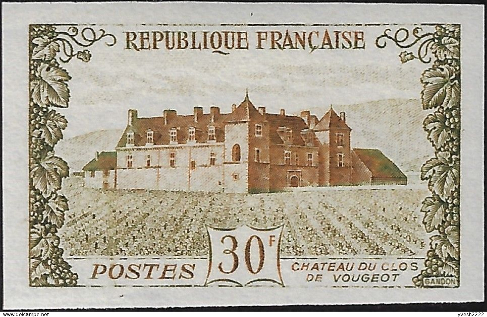 France 1951 Y&T 913. Essai De Couleurs, Château Du Clos De Vougeot. Raisins Et Feuilles De Vigne - Vinos Y Alcoholes